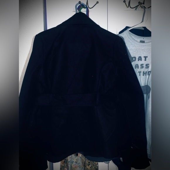 Black Rivet pea coat, black with animal print lining​ - Picture 2 of 9